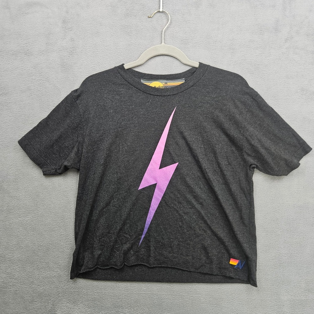 Aviator Nation Lightning Bolt Crop T-Shirt Charcoal Heather Gray Medium